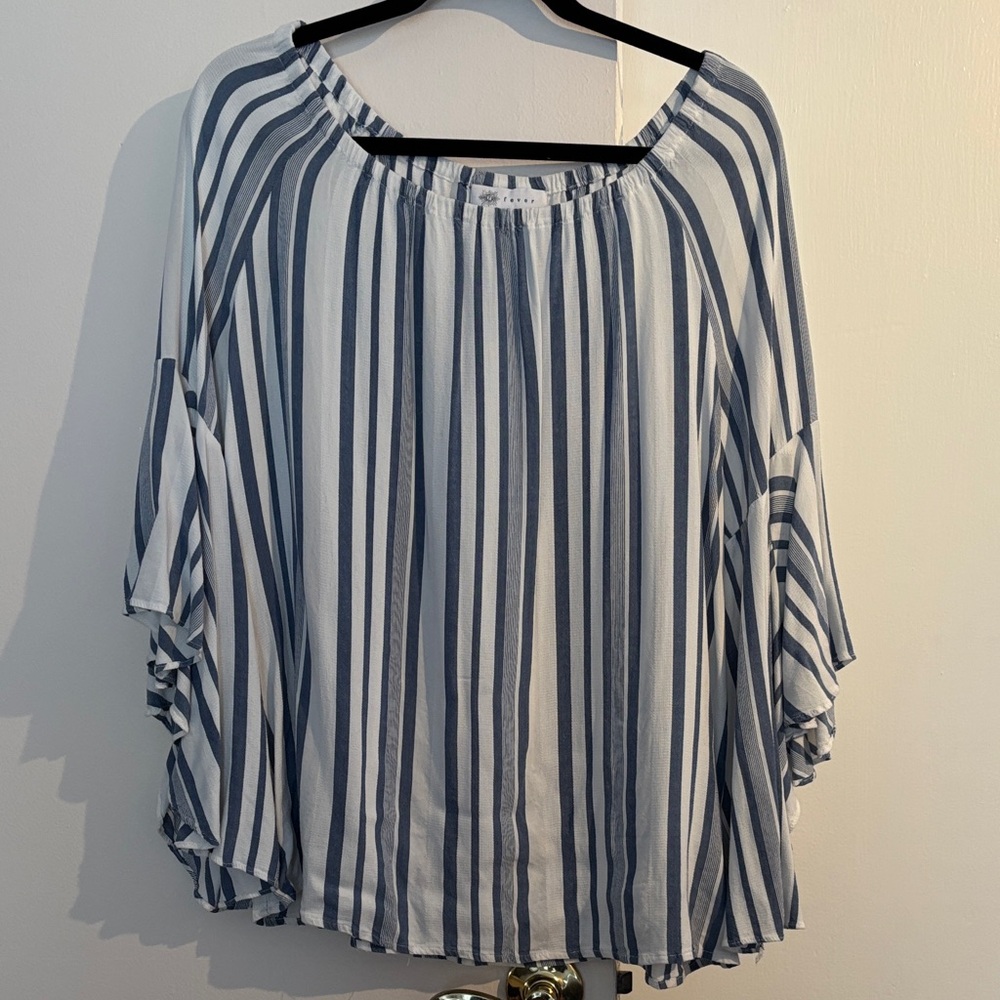 Fever White and Navy Striped Peasant Top